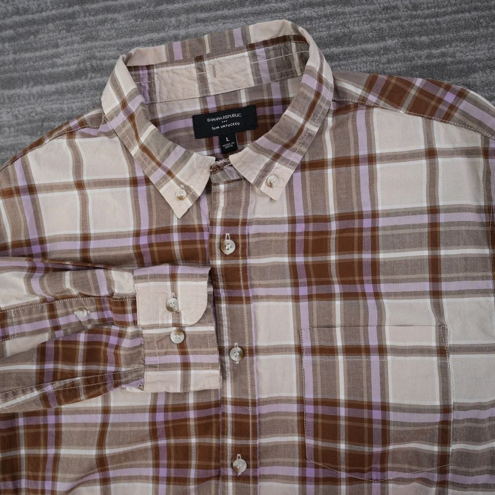 Banana Republic Shirt Men Slim Untucked Plaid Button‎ Down Brown Purple Large